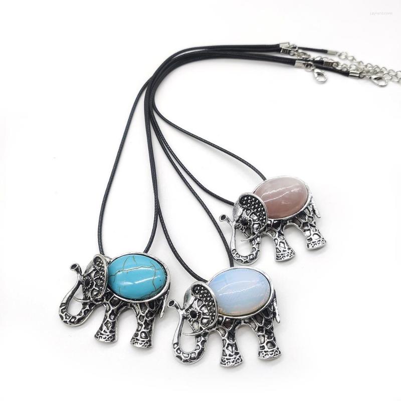 

Pendant Necklaces Natural Stone Vintage Elephant Agate Turquoise Alloy Crystal Necklace Exquisite Charm Jewelry Diy Gift