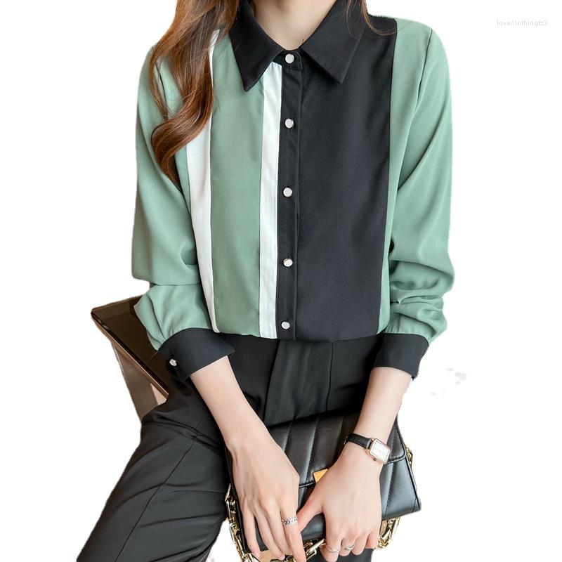 

Women' Blouses Summer Long Sleeve Top Female Clothing Korean Fashion Lapel Shirts Poplin Patchwork Loose Button, Green