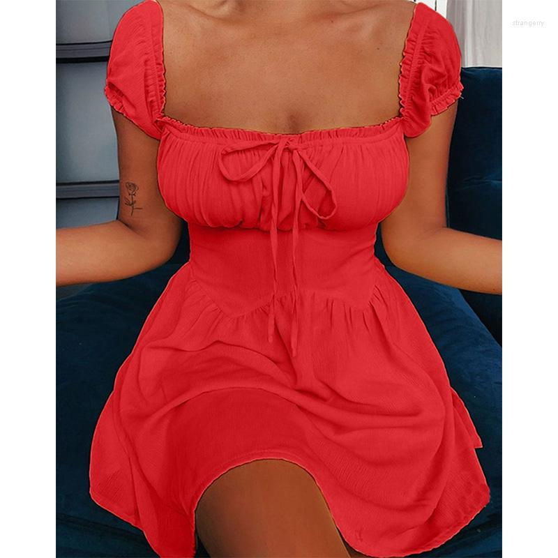 

Party Dresses Square Neck For Women With Waist And Large Puff Sleeve Dress Lace-up Low-Cut A-line Empire, Black