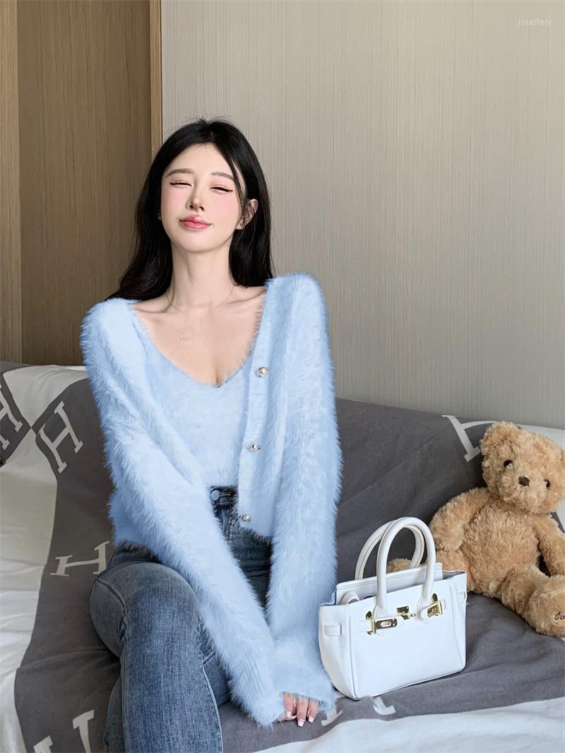 

Women's Knits Women's Sweet Two Pieces Fuzzy Cardigan Suit Lady Faux Mink Hair Furry Long Sleevw V Neck Crop Camisole, Pink