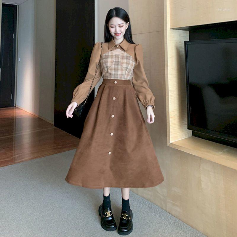 

Skirts Plaid Stitching Short Shirt Fashion Suits Women Autumn Design High Waist Single-breasted Casual Blouse 2 Piece Set, Shirt and skirt