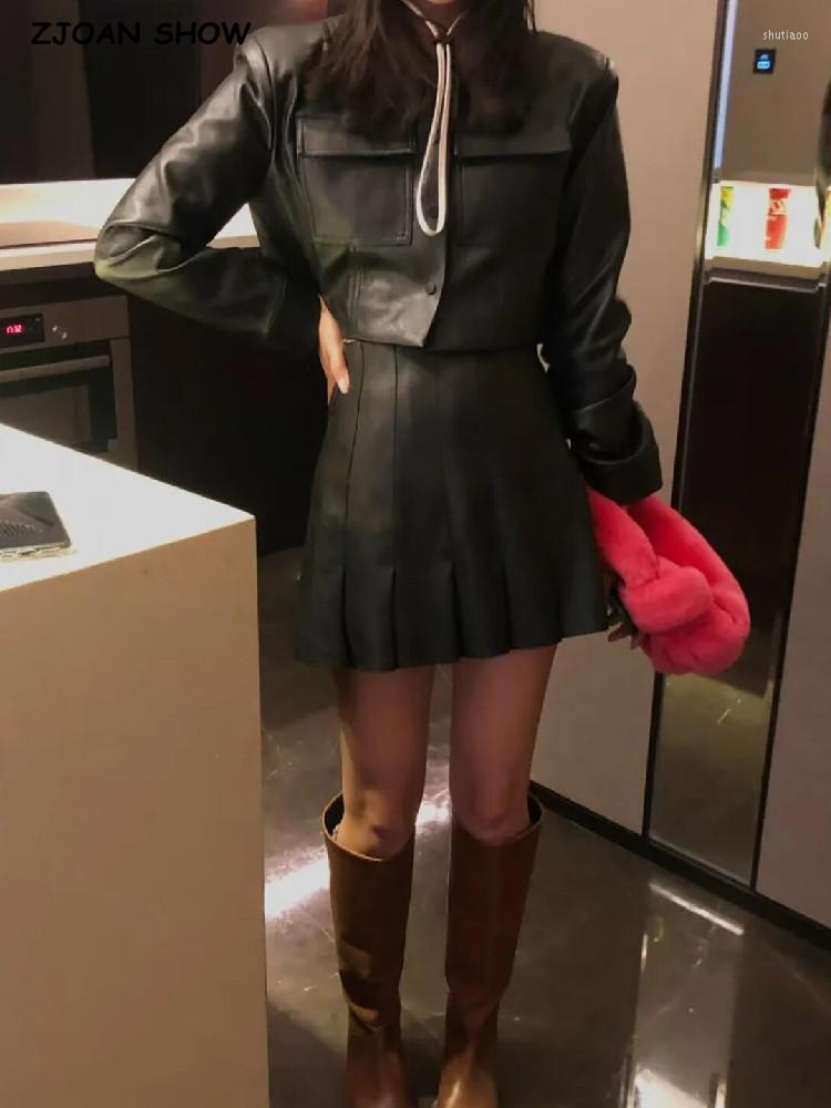 

Work Dresses Matching Set 2023 Sexy Women Lapel Double Pockets Faux Leather Crop Jacket High Waist Mini Pleated Skirt Sets Black