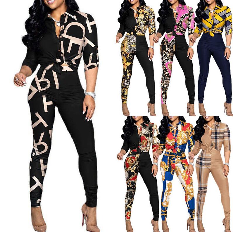 

New casual Women's Tracksuits suit color-blocking printing long-sleeved lapel shirt casual pants two-piece set slim Outfit Tracksuit, 01