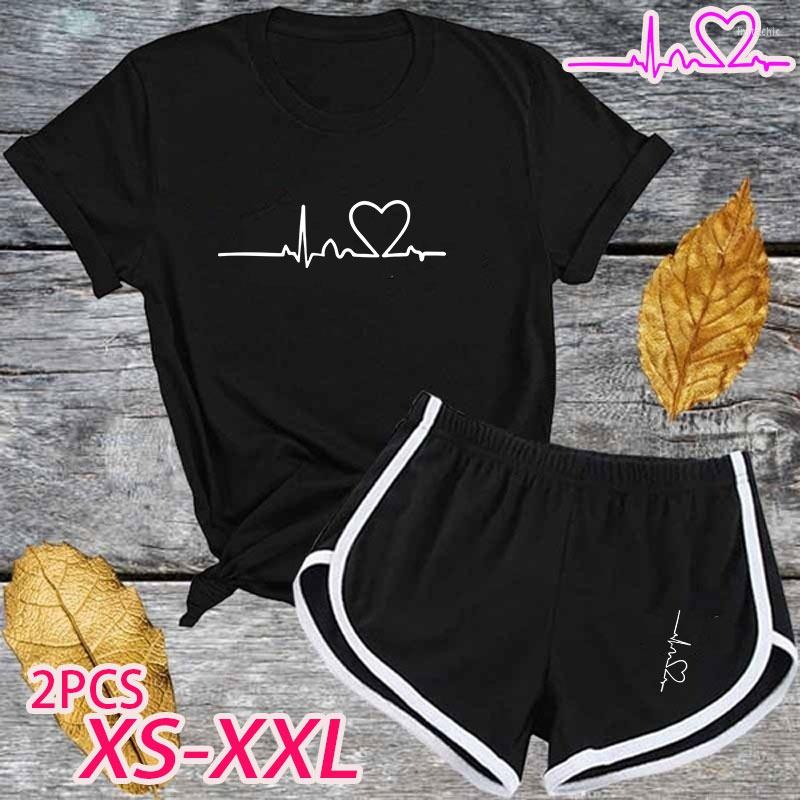 

Women's T Shirts 2023 Women ECG HeartBeat Print Cotton T-shirt And Short Pants Set Summer Sport Wear Casual Gym Lady Clothes Suit, Black