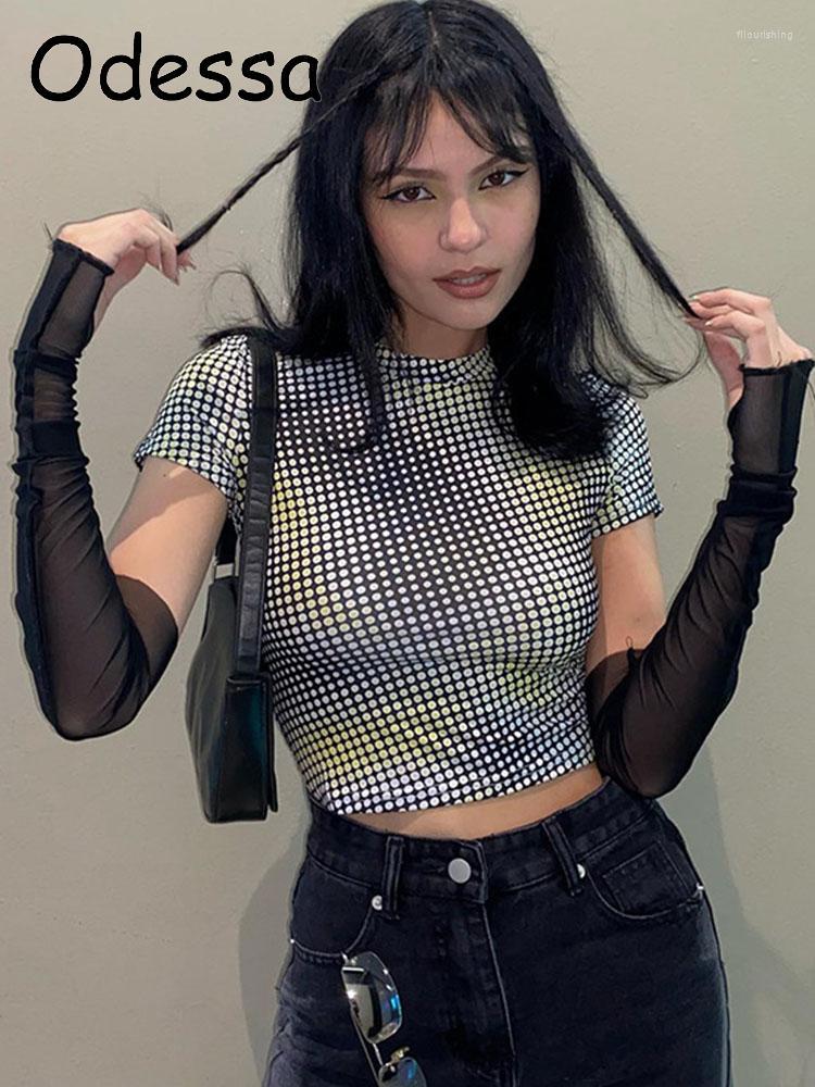 

Women' T Shirts Odessa Dot Print Slim T-Shirt Crop Tops Women Y2K Mesh Sleeves And Casual O Neck Short-Sleeved 2023 Summer Female Basic, Multicolor