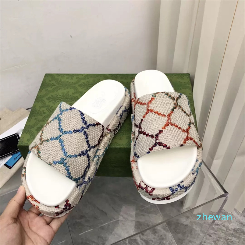 

Sandals Women Designer Platform Slide Beach Slippers Multicolor Canvas linen, Color 20