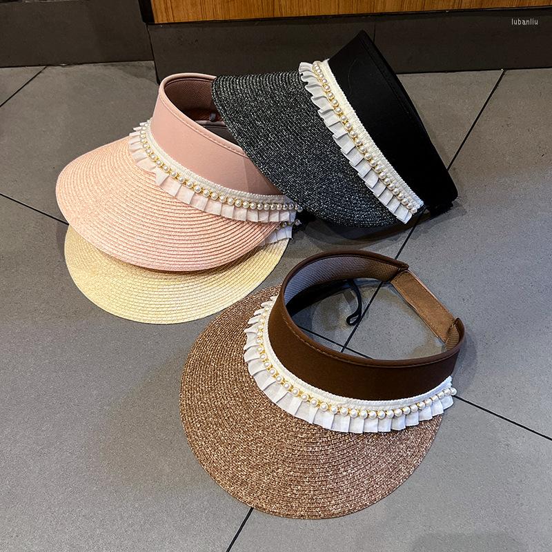 

Wide Brim Hats Summer Portable Foldable MagicTape Beach Hat Lace Pearl Empty Top Cap Women Sun Protect Fashion Casual Straw, Green