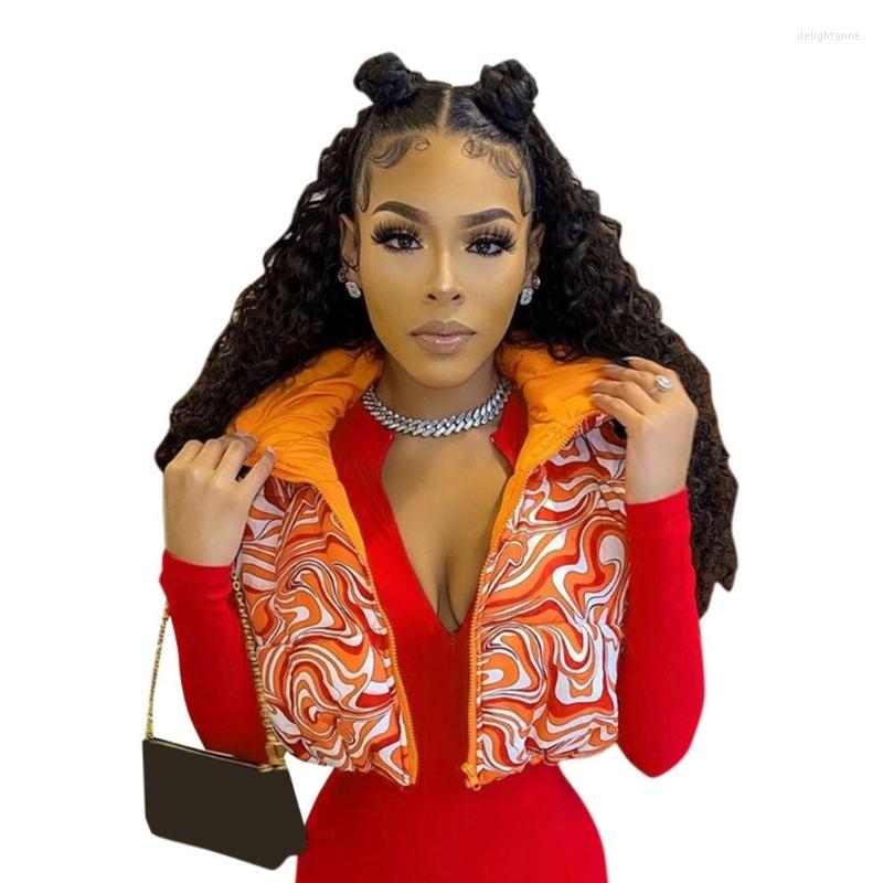 

Women' Vests Women Autumn Winter Warm Waistcoat Casual Sleeveless Zipper Up Stand Collar Padded Vest Lady Outerwear Gradient Print Short, Orange
