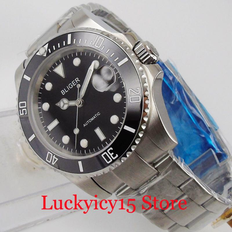 

Wristwatches Black Mechanical 40mm Men Watch Sapphire Crystal NH35 Movement Mental Band Screw Down Crown Ceramic Bezel Insert, Multicolor