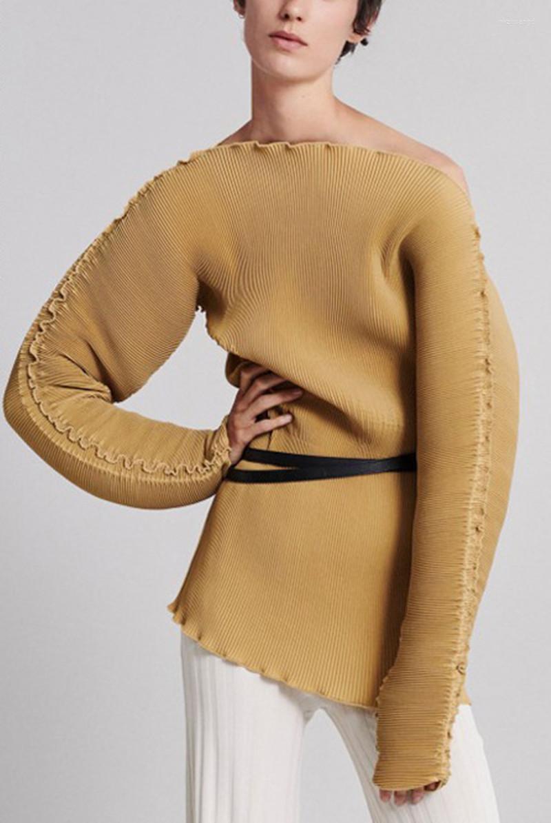 

Women's Blouses Women Ruffled Trim Slash Neck Pleated Blouse Ladies Fashion Long Sleeve Slim Female Shirt And Tops Clothes 2023, Khaki