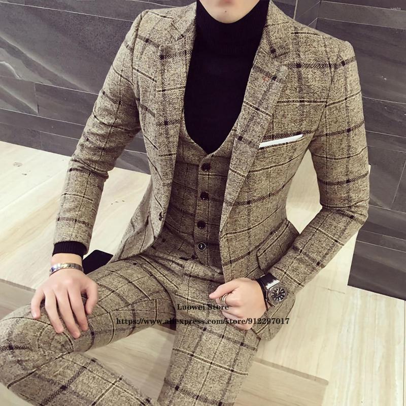 

Men's Suits Fashion Casual Plaid Mens Formal Business Blazer Wedding Groom Tuxedo 3 Piece Sets Costume Homme (Jacket Vest Pants), Green