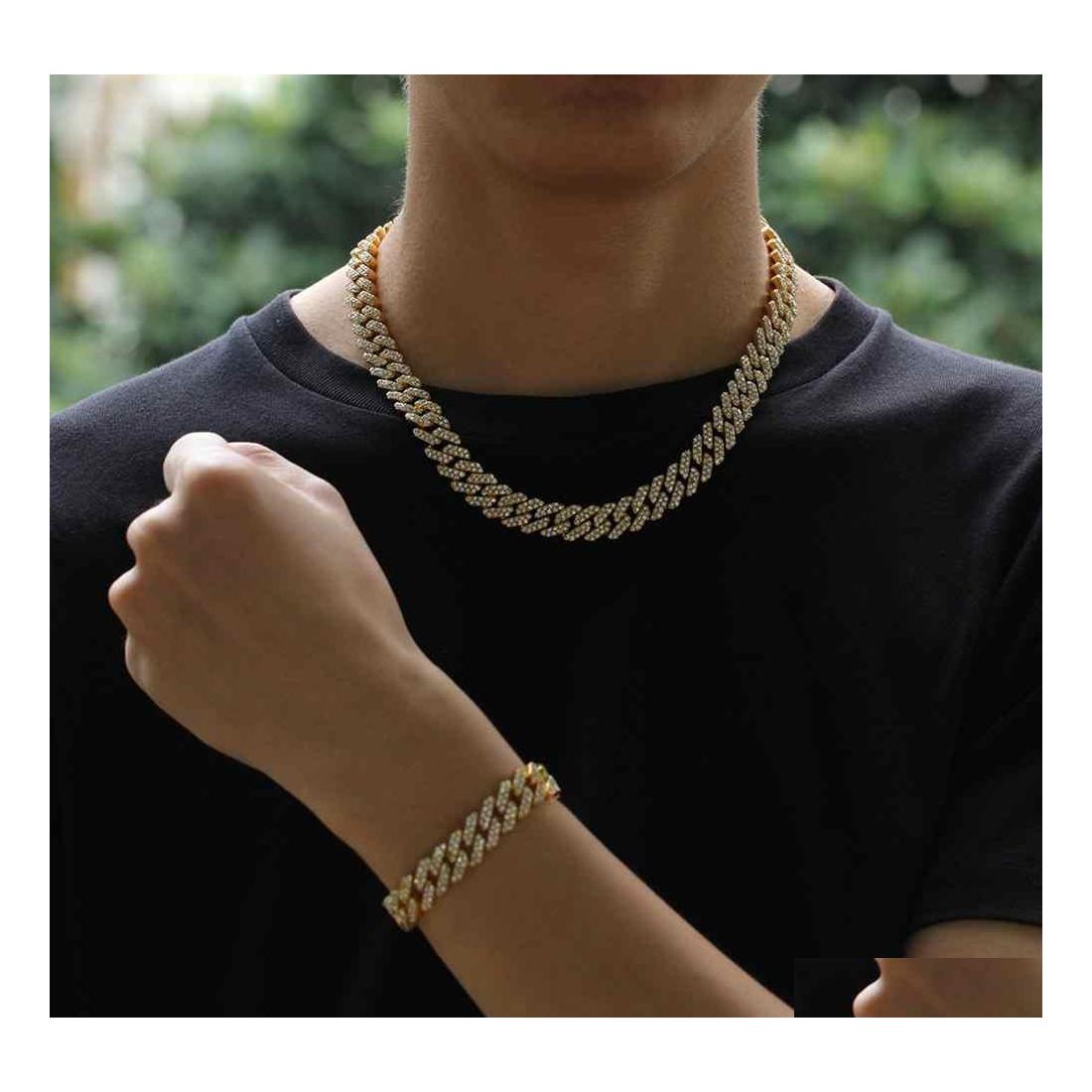 

Bracelet Necklace Statement 12Mm Miami Cuban Link Chain Bracelets Set For Men Bling Hip Hop Iced Out Diamond Gold Sier Rapper Chai Dhwsy, Bracelet 7inch