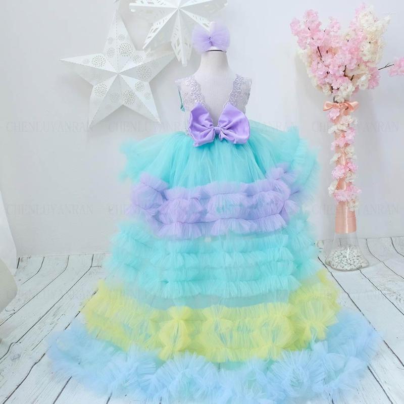 

Girl Dresses Colorful Tulle Flower Girls 2023 Hi-Lo Tiered A-Line Kids Wedding Party Dress Sweep Train Bow Princess Gowns, Pink
