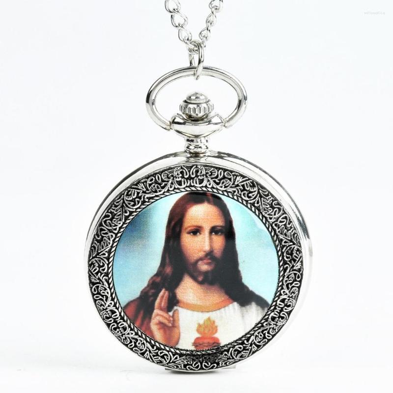 

Pocket Watches Silvery Retro Jesus Holing A Holy Bible Antique Necklace Catholicism Religion Quartz Clock Chain Women Men Gift, Picture shown