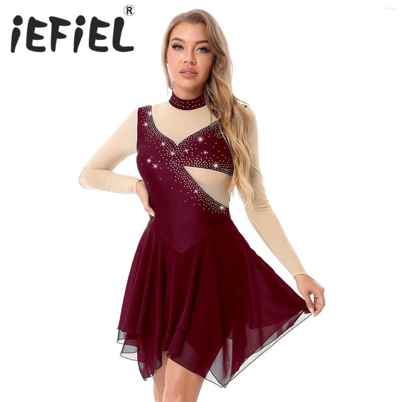 

Stage Wear Womens Figure Skating Dress Long Sleeves Gymnastics Dancewear Sparkling Rhinestone Mock Neck Sheer Mesh Patchwork Dance, Black