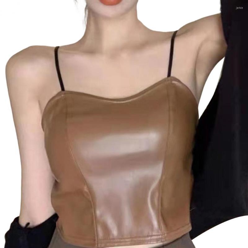 

Women's Tanks Trendy Pullover Top Off Shoulder Versatile Bottoming Faux Leather Sling Women Sexy Camisole, White