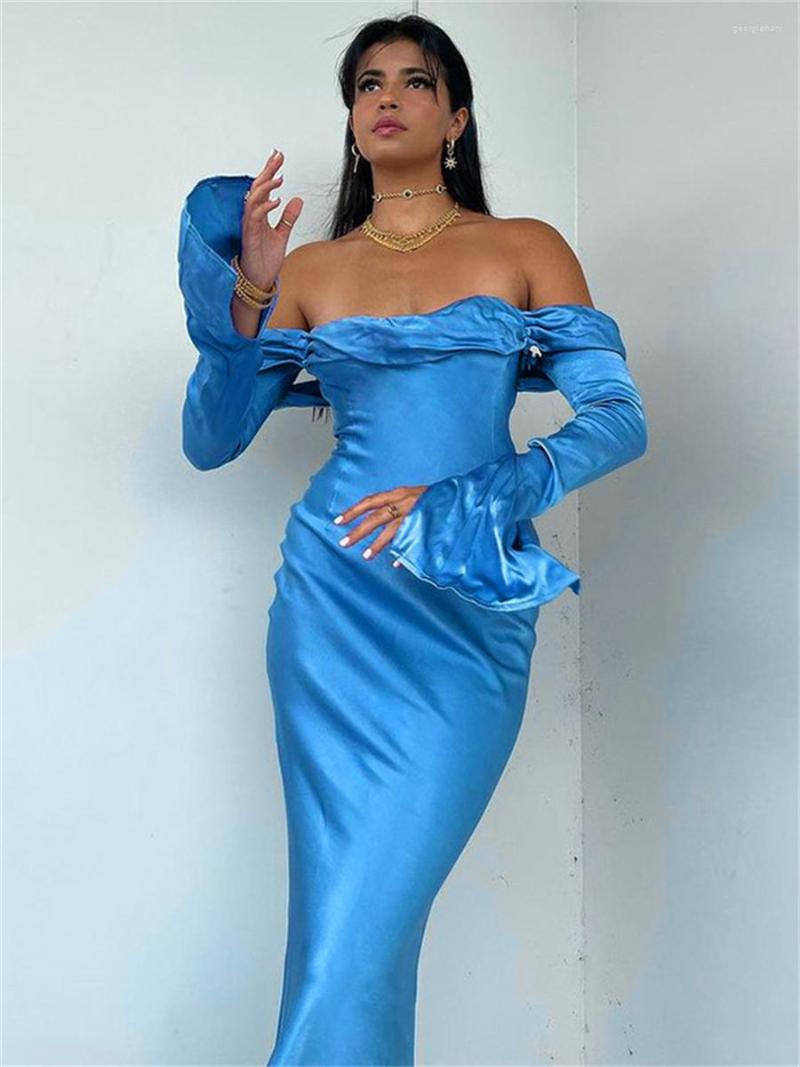 

Casual Dresses Wsevypo Elegant Off-Shoulder Satin Long Dress Vintage Women Slit Sleeve Slash Neck Backless Party Club Gown Vestidos, Blue