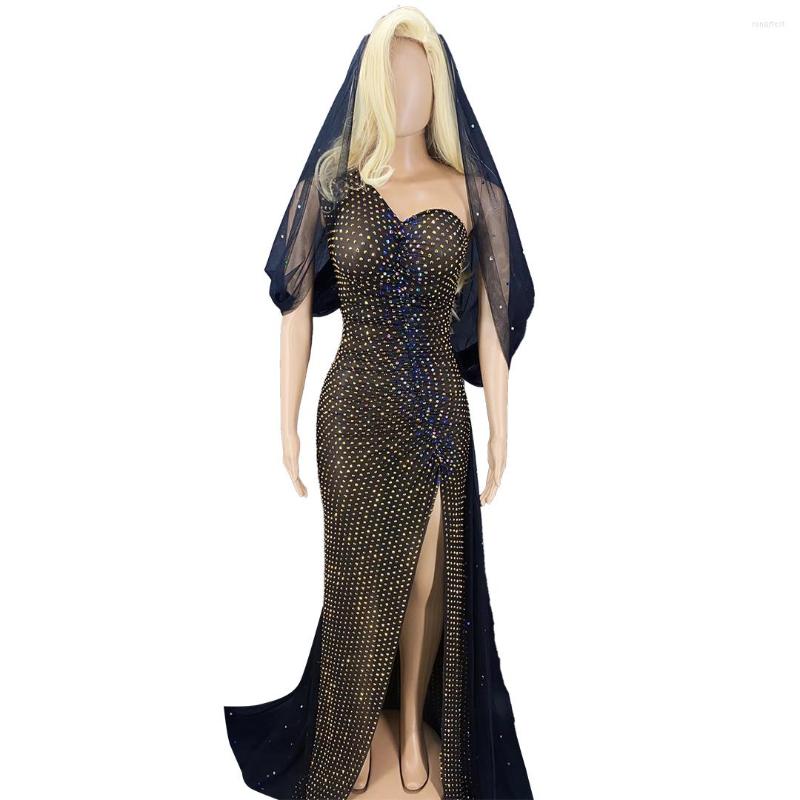 

Casual Dresses Sparkly Full Rhinestones Veil Black Long Dress Women Birthday Party Celebrate Evening Prom Nightclub Singer Stage Wear