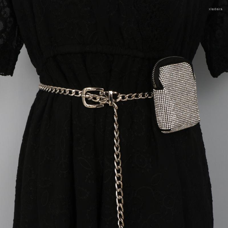 

Waist Bags French Luxury Rhinestone Bag Metal Chain Belt With Key Lipstick Mini Crystal Fanny Pack Women Chest, Silver