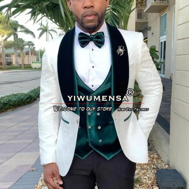 

Men's Suits Green Velvet Groom Men White Floral Jacquard Blazer Vest Pants 3 Pieces Formal Business Skiiny Evening Party Tuxedo Sets, Model 4
