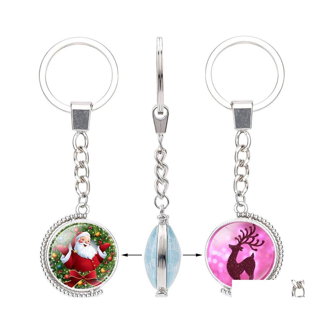 

Keychains Lanyards Christmas Glass Cabochon Double Sides Reindeer Tree Santa Claus Bell Snowman Pendant Rotable Key Chain Jewelry Otonb