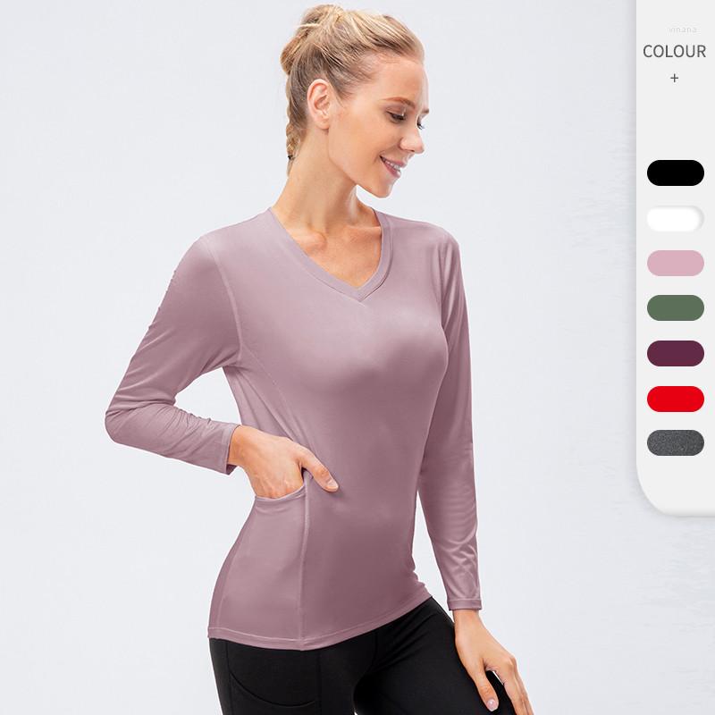 

Active Shirts Womens Yoga Tops Jogging Sports Gym Clothing Solid With Pocket Slim Fitness Running Long Sleeve Training T-Shirt, Black