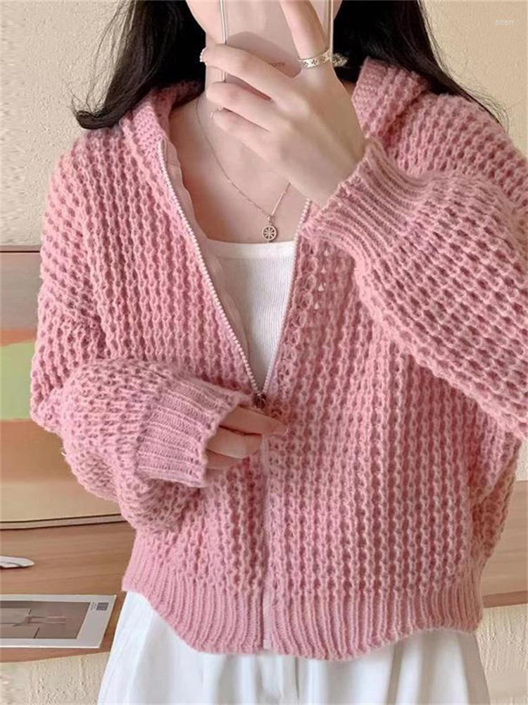 

Women's Knits Hsa Y2k Clothes Women Autumn Winter Hooded Sweater And Cardigans Zipper Stitch Pink Cardigan Casual Loose Chic Top, Lm19937-b pink