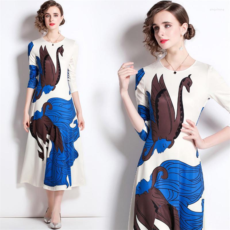 

Casual Dresses Annimal Fantastic Pattern Fahsion O-neck Long Sleeve Summer Elastic Softerable Mid Length Elegant Female Cute Vestidos, Blue
