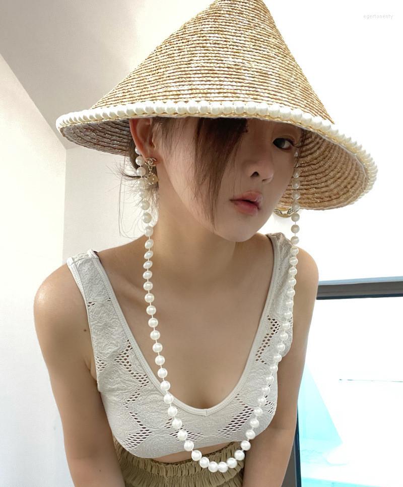 

Wide Brim Hats 202301-shi Drop Summer Beautiful Hand Sewn Pearls Bamboo Hat Straw Model Lady Sun Cap Women Leisure Holiday Beach, Beige