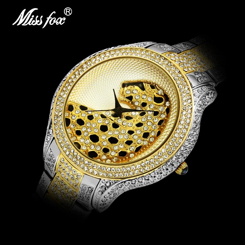 

Wristwatches Drop Ship MISSFOX 3D Leopard Watch Gold And Silver Diamond Mens Watches Top Steel Waterproof Relogio Masculin