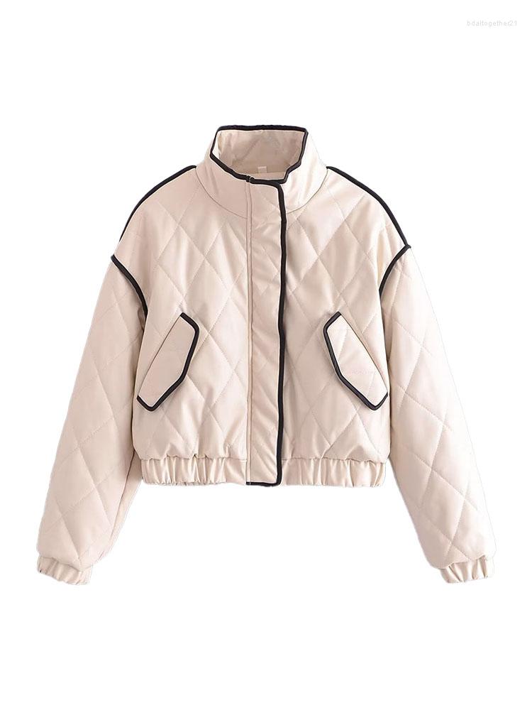 

Women's Trench Coats 2023 Winter Women's Retro Stand-up Collar Fashion Chic And Versatile Package Edge Quilted Faux PU Cotton Jacket, Beige