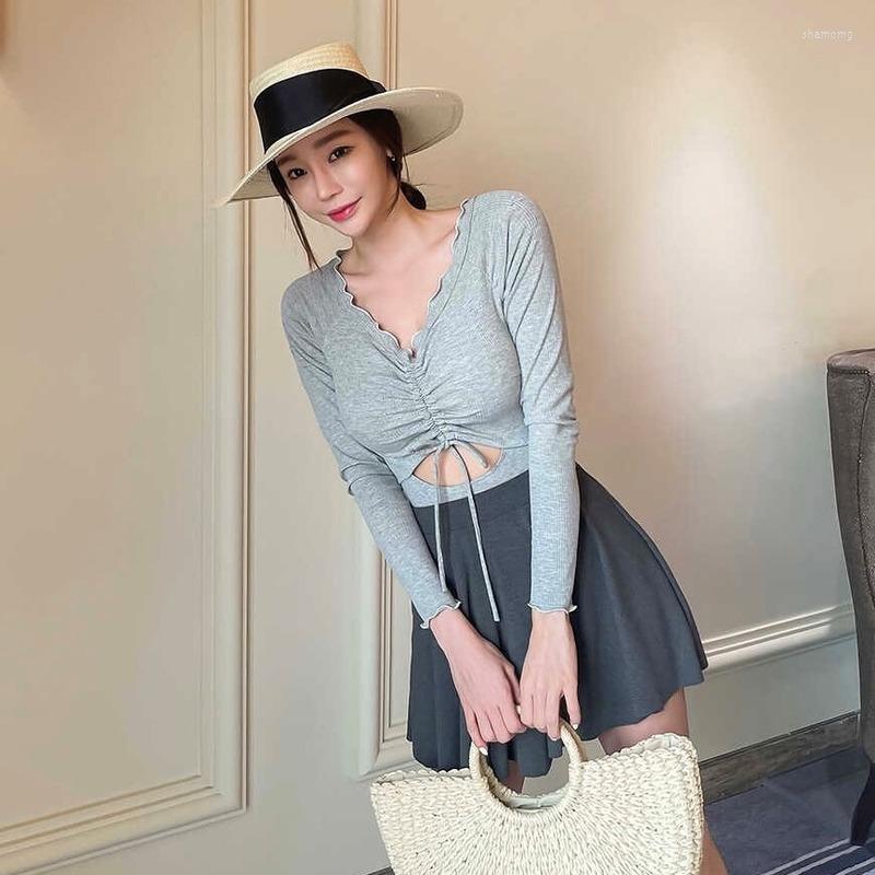 

Yoga Outfit 2023 Long-sleeved One-piece Swimsuit Women Korean Girl Skirt High Waist Conservative Spring, As shown