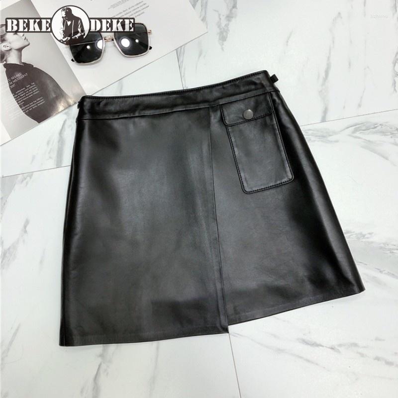 

Skirts Casual Women High Waist Mini Skirt Punk Genuine Leather A-Line Fashion Female Sheepskin Pockets Zipper Black Short