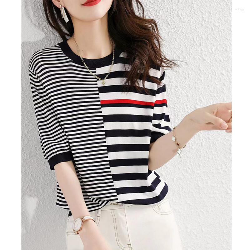 

Women' T Shirts Short Knit Women' Ice Silk Blouse Fashionable Round Collar Black And White Striped Cotton T-shirt Loose Half Sleeve, Beige