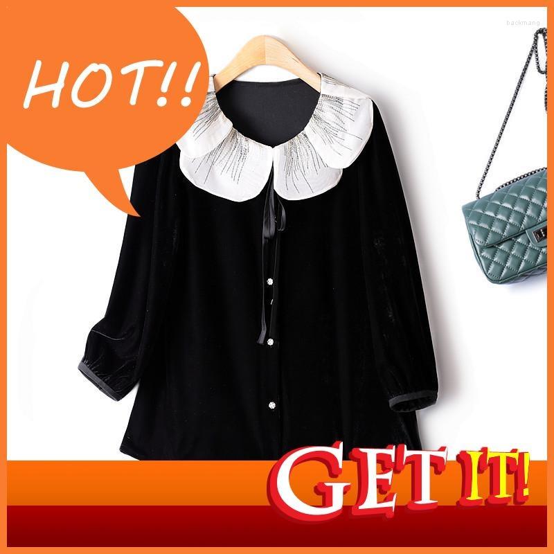 

Women's T Shirts Sweet Fashion Woman Blouses 2023 Embroidered Lotus Leaf Collar Drape Gold Velvet Single Breasted Slim Tops Autumn T-shirt, Black