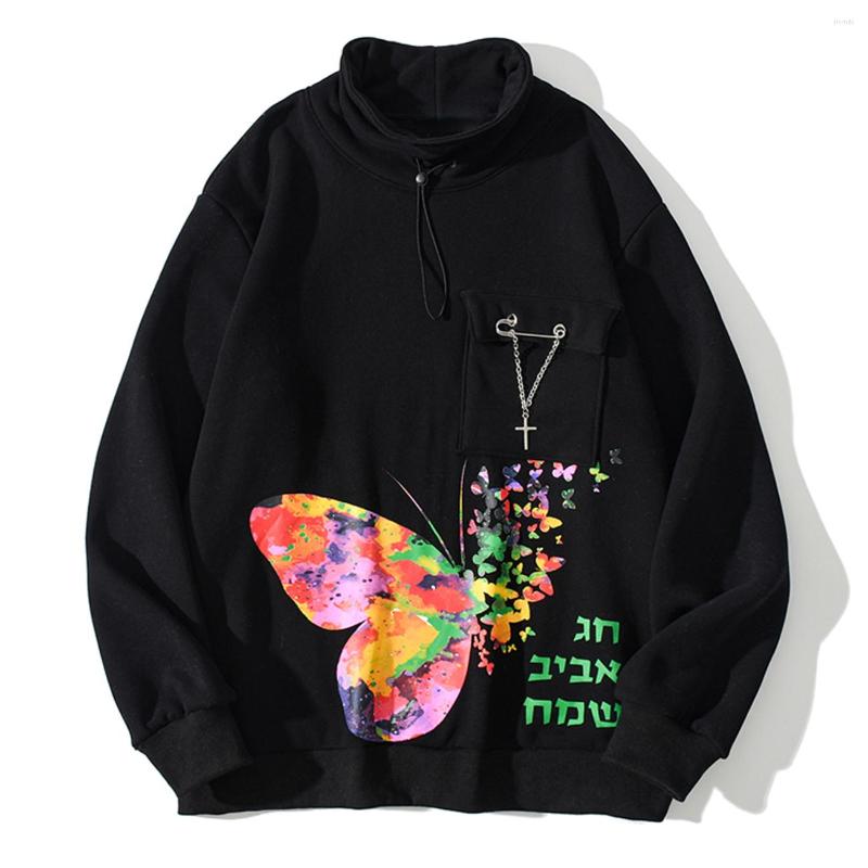 

Men' Hoodies Hip Hop Hoodie Men Colorful Butterfly Print Brooch Harajuku Sweatshirt 2023 Winter Loose Cotton Pullover Tops Fleece, Black