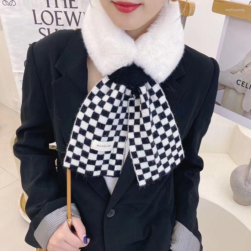 

Scarves Korean Faux Fur Thicken Cross Scarf Women False Collar Guard Plush Shawl Winter Plaid Knit Splicing Fluffy Warm Scarve