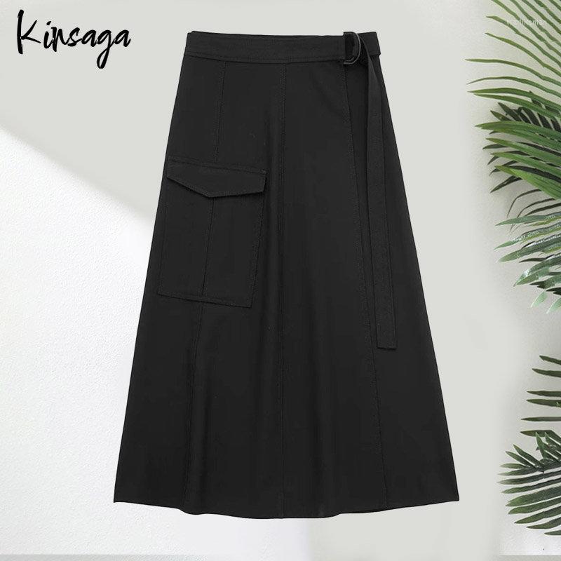 

Skirts Boyfriend Pockets Cago Midi Women Black Street Novelty Waistband A Line Ankle Length Skirt Female Irregular Hem Bottoms