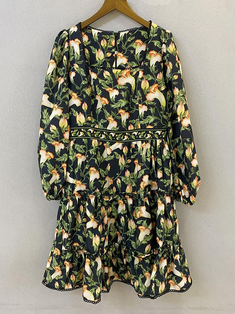

Casual Dresses 2023 Autumn Knee-Length Dress Designer Women Black Green Floral Printed Long Sleeve High Quality Holiday, As photo