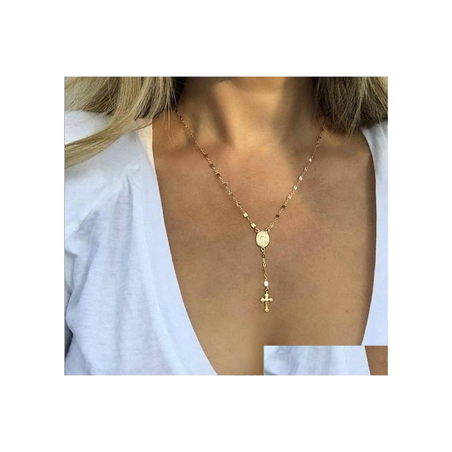 

Pendant Necklaces Cross Rosary Necklace For Women Virgin Mary Religious Jesus Crucifix Gold Sier Rose Chains Fashion Jewelry Drop De Otpui