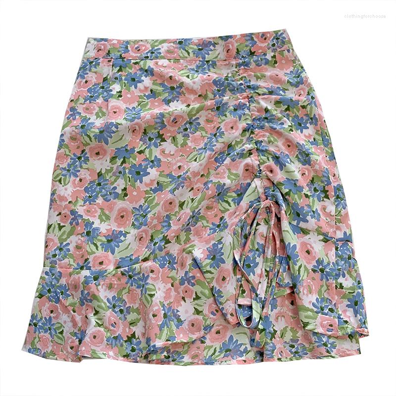 

Skirts Romantic Flower Short Skirt Summer Drawstring Pleated High Waist Slim A-line, Pink
