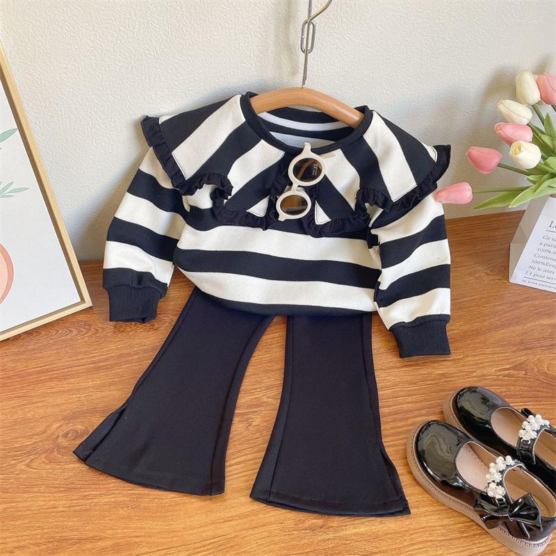 

Clothing Sets Girls Autumn 2-8 Years Fashion Striped Lapel Sweater And Flared Pants 2Pcs Kids Baby Clothes Outfits, Black