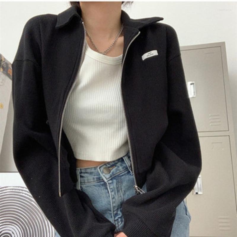 

Women's Hoodies Women Basic Jackets Spring Autumn Crop Tops Turn Down Collar Chic Streetwear Korean Style Loose Tender Double Zipper Fashion, Black