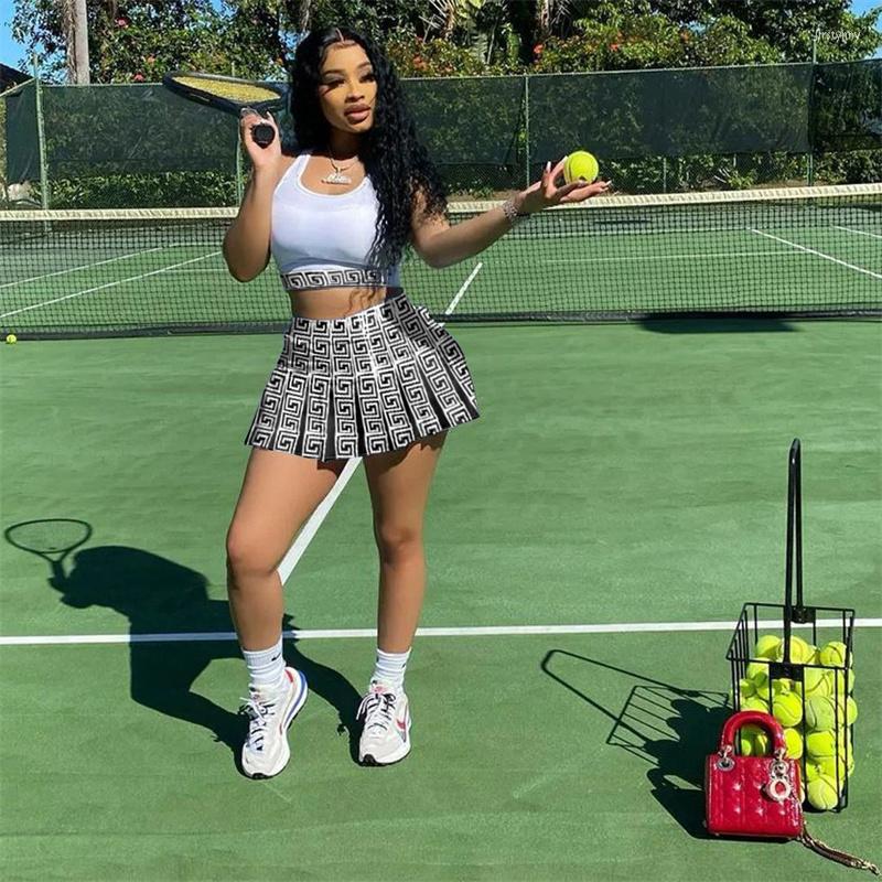 

Work Dresses 2023 Outdoor Girlish Sports Skirt Suit Summer Ladies Simple Sleeveless Vest Collocate Elastic Waist Printed Pleated, Black