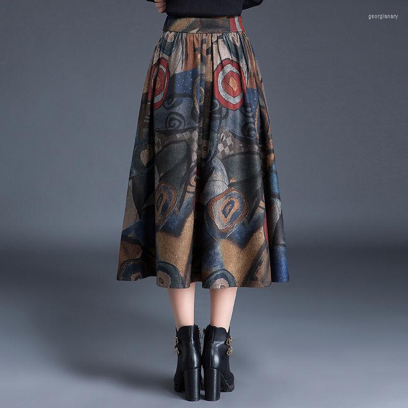 

Skirts Women 2023 Autumn Winter Midi Long Printed Wool Female Loose A-line Ladies High Waist Woolen Z111, Mixed