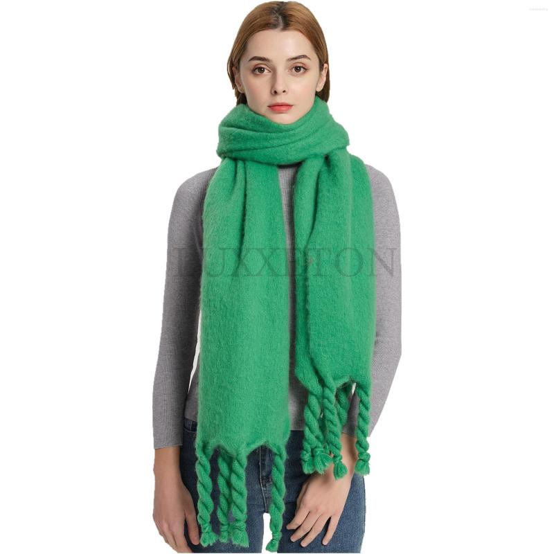 

Scarves Fashion Green Shawl For Women Thick Braids Tassel Solid Color Scarf Simple Winter Warm Streetwear Office Lady Woman Ponchos