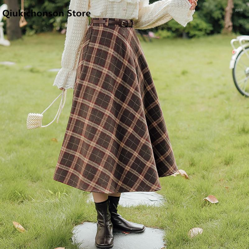 

Skirts Qiukichonson Autumn Winter Woolen Plaid Skirt Women Literary Vintage High Waist A Line Long Midi Mori Girl, Blue