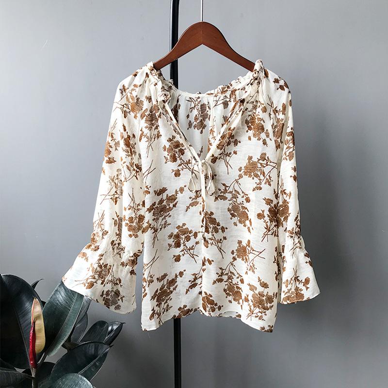 

Women's Blouses & Shirts Summer Flower Printing Women Shirt Flare Sleeve Chiffon Clothing Casual V Collar Superior Quality, Khaki