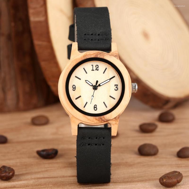 

Wristwatches Wooden Brown Case Quartz Watch Women Durable Leather Black Strap Watches Small Arabic Numerals Round Dial Gifts