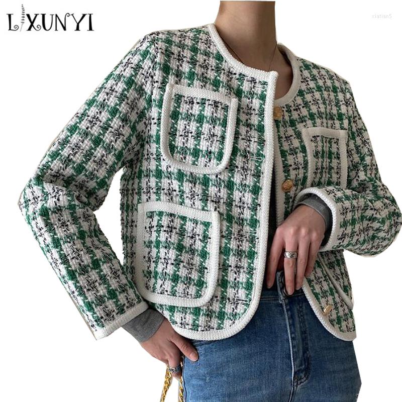 

Women' Jackets LXUNYI Tweed Jacket Ladies 2023 Spring Autumn Korean Long Sleeve Vintage Plaid Pocket Outerwear Short Coat Retro Clothes, Blue